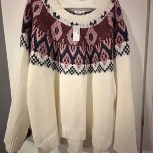 Maurices 2X Cream Sweater with Pink, Burgundy & Navy Fair Isle Yoke